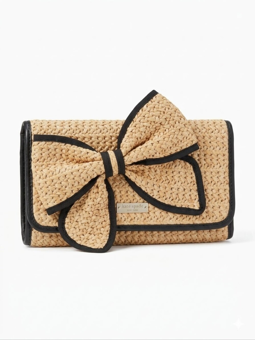 Kate Spade Belle Place Straw Bow Clutch with Black Trim NWT